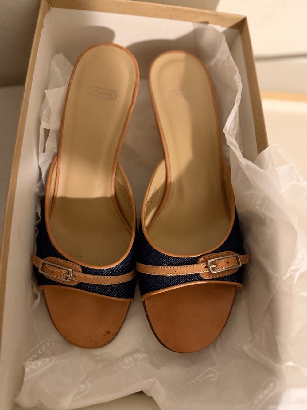 Coach Navy and Tan Slide Mules